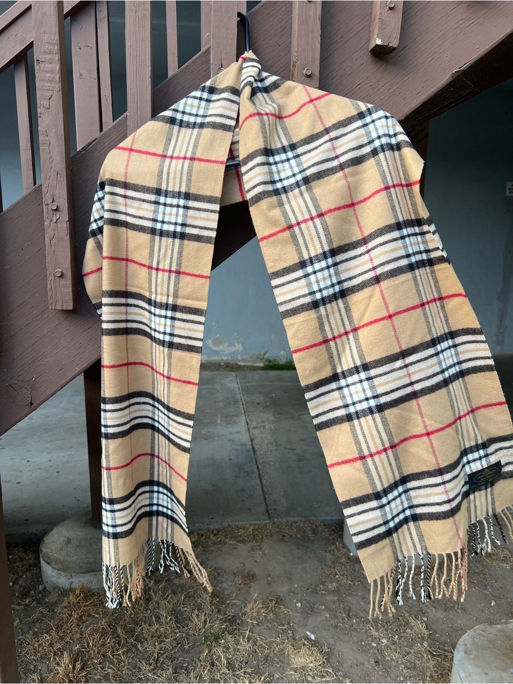 Beige Plaid Men’s Scarf with Red Accent - Classic Winter Accessory